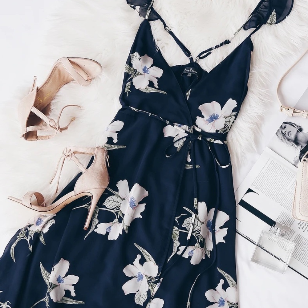 Lulus All Mine Navy Blue Floral Print High-Low Wrap Dress Medium